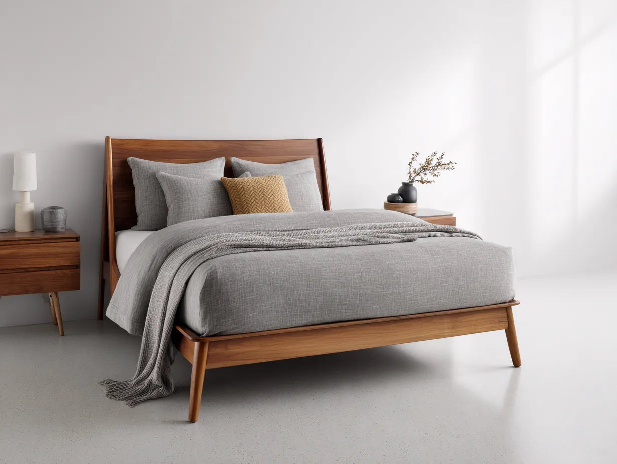 Lit 200×180×100 cm – bois marron et tissu blanc – style moderne chambre à coucher