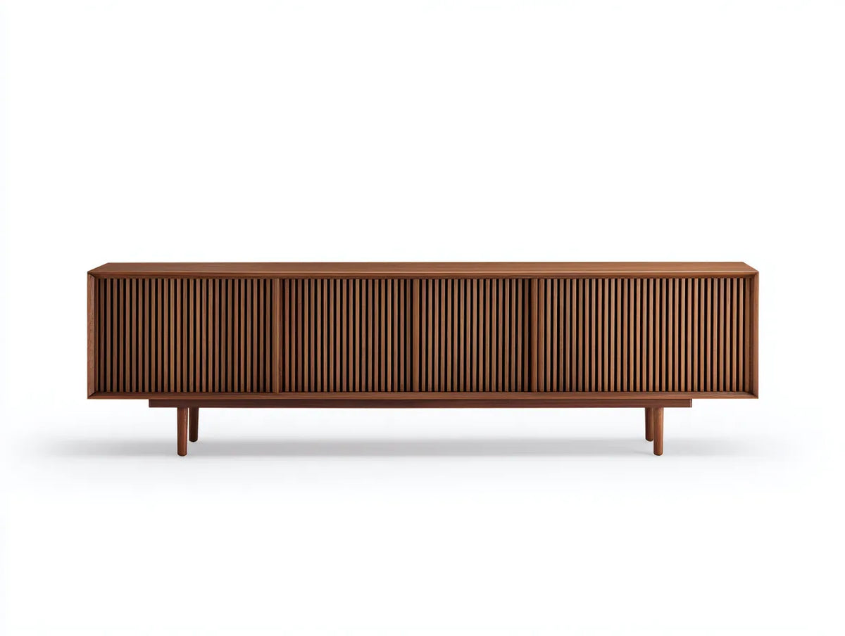 Meuble TV 200×40×50 cm – bois foncé – style contemporain avec façade rainurée