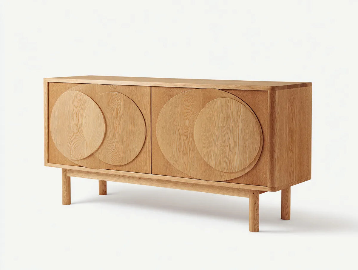 Meuble TV 190×45×60 cm – chêne clair – style contemporain avec façade géométrique